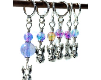 Rabbit/bunny stitch markers with pastel opal glass bead for knitting and crochet, Stitch marker set for bunny lover