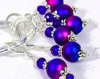 Glass Bead Knitting Stitch Markers: Frost Sapphire Blue & Pink