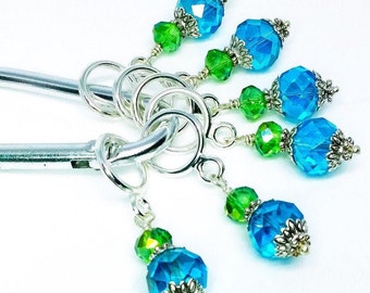 Knitting & Crochet stitch markers, Turquoise and lime glass bead Serendipity stitch markers, optional silk gift bag