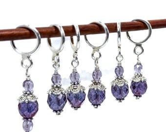 Violet Rose Stitch Markers: Glass Bead Knitting/Crochet Set with optional Sari Silk Bag