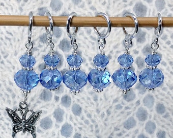 Light Baby Blue Glass Bead Stitch Markers for knitting, optional Charm, snag free Stitch Marker Set