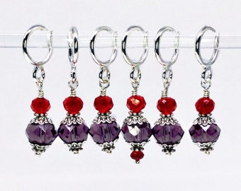 Stitch Markers for Knitting & Crochet, Poppy red and purple glass bead snag free stitch marker set, place markers