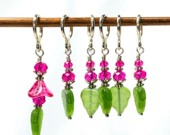 Pink Flower Stitch Markers: Knitting Crochet Tool Set, optional silk gift bag