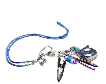 Blue silk cord lanyard and chatelaine, tools for knitting and crochet