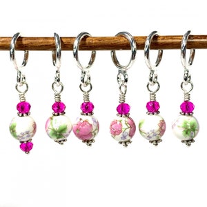 Stitch Markers Pink Flower & white porcelain bead, Serendipity Stitch Markers for knitting and Crochet, optional Silk Notions Bag