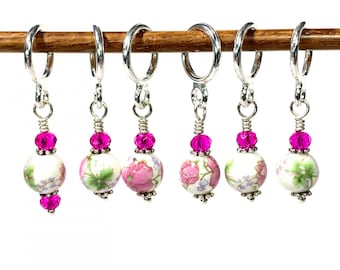 Stitch Markers Pink Flower & white porcelain bead, Serendipity Stitch Markers for knitting and Crochet, optional Silk Notions Bag