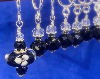 Stitch Markers, for knitting, Black and crystal glass bead markers, Optional lampwork bead marker, Duet Marker