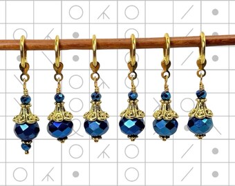 Stitch markers, Gold tone with sapphire blue crystal, Knitting Crochet Gift, optional silk bag