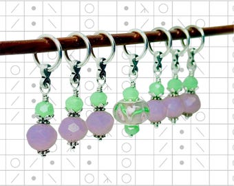Pink and green crystal stitch markers: Lampwork BOR Bead for Knitting Crochet, Optional silk gift bag