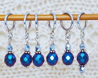 Blue violet stitch markers for knitting & crochet with optional silk bag