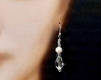 Fresh water pearl, clear Swarovski crystal and drop earrings, Sterling Silver hooks, optional silk gift bag
