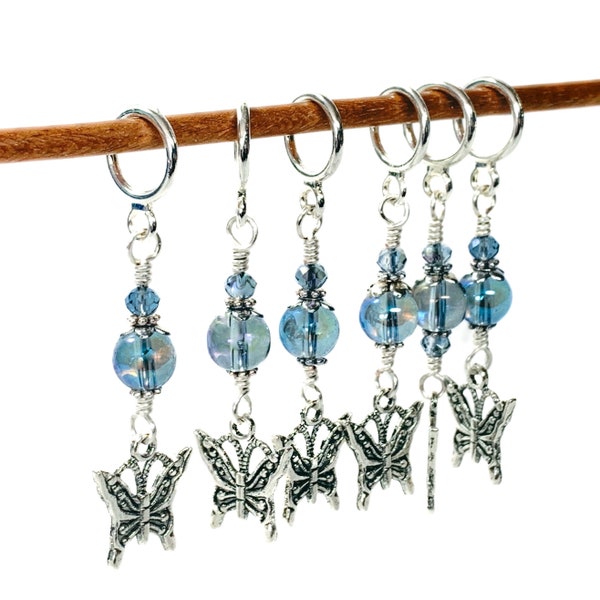 Butterfly Stitch Markers for Knitting & crochet with pale blue rainbow glass bead, stitch marker gift set with optional silk bag