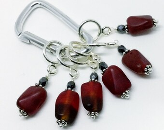 Red & black glass bead stitch markers for knitting and crochet, gift under 20