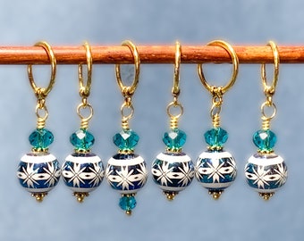 Stitch markers for knitting and crochet featuring Teal metallic glass bead with Fair Isle snowflake design,  holiday stitch marker