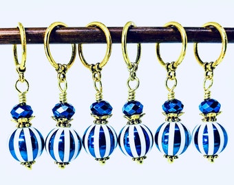 Stitch markers for Knitting, Miniature holiday ornaments, Sapphire Blue satin stripe glass bead stitch markers