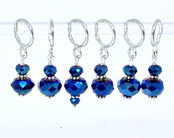 Sapphire Blue stitch markers for knitting and crochet, Set of 4,6 or 10 glass bead stitch markers with optional silk gift bag