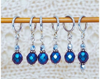 Stitch Markers for Knitting, blue violet glass bead, stitch marker set, knitting and crochet gift,  optional Sari Silk notions bag