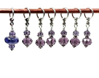 Purple  Crystal Stitch Markers: Lampwork Floral Beginning of Round Bead for Knitting Crochet, optional gift bag