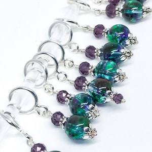 Purple/Green glass bead stitch markers for knitting and crochet, Stitch Marker set gift.