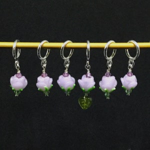 Stitch Markers for Knitting/Crochet Set of 6 Lavender Pink glass flower bead Stitch Markers