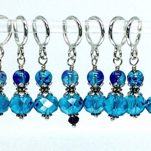 Aqua Crystal Stitch Markers: Knitting Crochet Tool with Optional Silk Bag