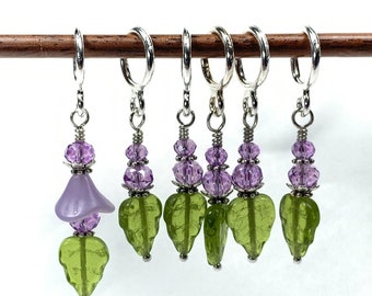 Lavender/Light Purple glass flower w/ leaf Stitch Markers for knitting & crochet. Stitch marker gift set, optional silk notions bag