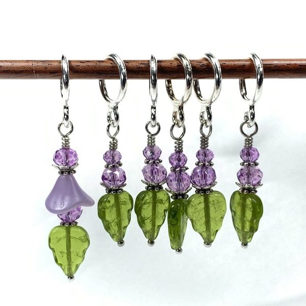 Lavender/Light Purple glass flower w/ leaf Stitch Markers for knitting & crochet. Stitch marker gift set, optional silk notions bag