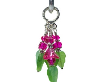 Bright hot pink glass flower w/ leaf Stitch Markers for knitting & crochet. Stitch marker gift set, optional silk notions bag