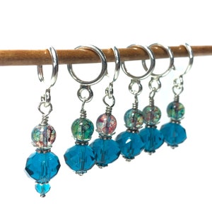 Teal Crystal Stitch Markers: Knitting Crochet Tool with Optional Silk Bag