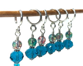 Teal Blue crystal and “opal” glass bead stitch markers for knitting and crochet with optional silk bag.