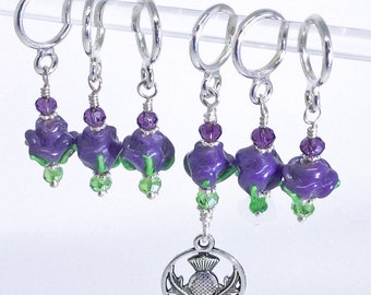 Thistle Stitch Marker for Knitting w purple flower glass bead and thistle charm, Optional silk gift bag