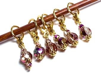 Rose Gold Czech Glass Stitch Markers: Knitting & Crochet Gift