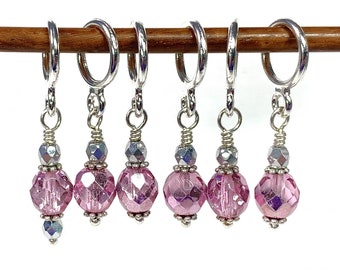 Stitch Markers for Knitting, Pink Glass Bead Knitting Stitch Markers set of 6  or 10, Knitting and Crochet Gift