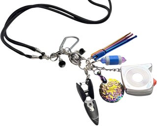 Black silk cord lanyard and chatelaine, tools for knitting and crochet