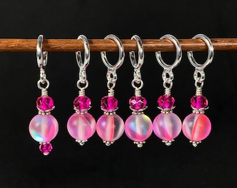 Knitting/crochet stitch markers, luminous Mermaid glass bead & pink crystal stitch marker set, Optional silk gift bag,