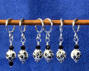 Stitch Markers for Knitting & Crochet, cream and black floral toile pattern porcelain bead stitch markers. Snag free markers, 3 sizes.