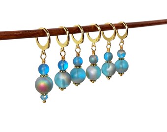 Stitch Markers for Knitting, teal “Northern Lights” glass beads, optional silk notions bag, gift for knitting or crochet