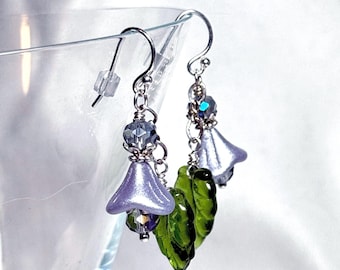 Lavender flower with leaf drop earrings, 925 silver hooks, Czech glass bead dangle earrings, floral bridal earrings