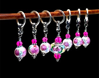 Pink floral porcelain stitch markers: Lampwork BOR Bead for Knitting Crochet, Optional silk gift bag