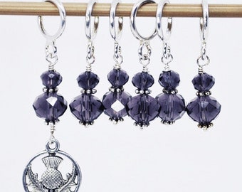 Knitting Stitch Markers, Purple Glass Bead Marker, Scottish thistle charm or choose your charm