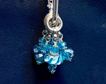 Aqua Blue Stitch Markers; Optional lampwork glass Beginnig of Round marker & Sari Silk gift bag.