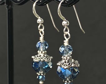 Blue crystal and antique silvertone drop earrings, Sterling Silver hooks, optional silk gift bag