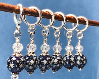 Holiday theme Stitch markers for knitting & crochet, dark blue with stars, sets of 4, 6 or 10