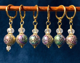 Holiday themed Knit/Crochet stitch marker, Galaxy inspired miniature ornament. Stitch marker gift set,  Optional silk gift bag.