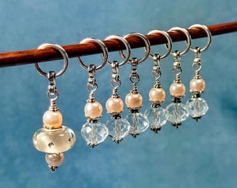 Pearl and clear crystal stitch markers: Lampwork BOR Bead for Knitting Crochet, Optional silk gift bag