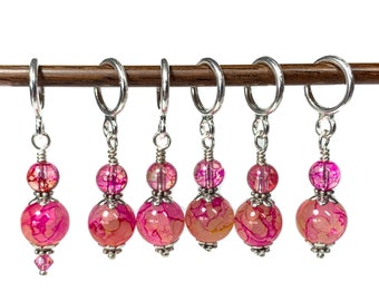 Pink//peach “opal” glass bead knitting or crochet stitch markers. Stitch marker gift set with optional silk notions bag.