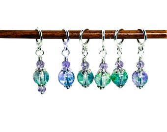 Stitch markers, small markers for knitting, crochet, Lavender & green glass bead stitch markers, snag free, optional silk gift bag,