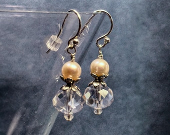 Fresh water pearl, clear crystal and antique silvertone drop earrings, Sterling Silver hooks, optional silk gift bag