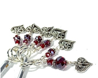 Ruby Red heart charm stitch markers fo knitting and crochet. Optional silk gift bag, gift for knit and crochet