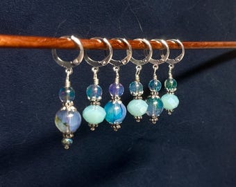 Blue Opal and Jade Glass Bead Stitch Markers: Knitting Crochet Set, optional silk bag